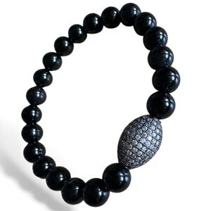 Black Onyx Beaded Bracelet 8mm Pave Crystal Spacer Stretch 6.25”